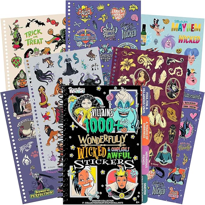 Fashion Angels Disney Villains 1000+ Tabbed Sticker Book, Includes Foil & Vinyl Stickers, Collector Sheets & More, Craft, Decorate & Personalize for Kids