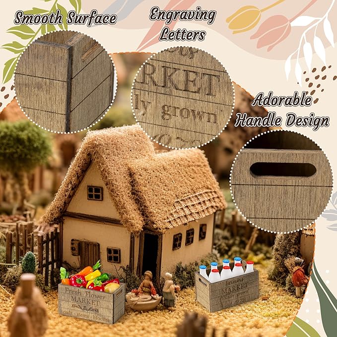 2.2 x 1.2 x 1.2 Inch Miniature Vintage Rustic Farmhouse Crate - 1:12 Scale Mini Farmhouse Micro Scene Decor Wooden Crate Basket Tiered Tray Decor for Fairy Garden Shelf Displays Accessories