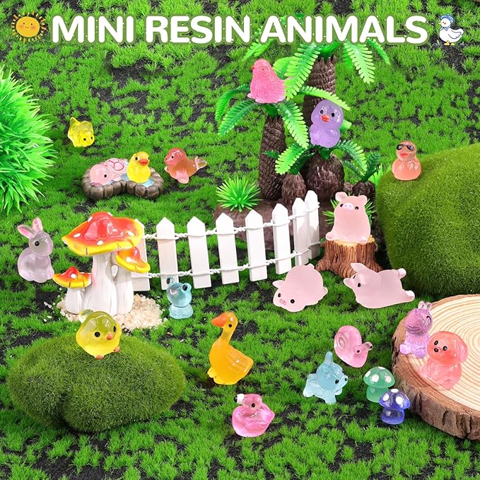 105PCS Mini Resin Animals Tiny Cute Figurines Glow in Dark, Miniature Figures to Hide, Little Animal Small Accessories for Topper Desk Garden Dollhouse Landscape Aquarium Ornaments Crafts & Decor