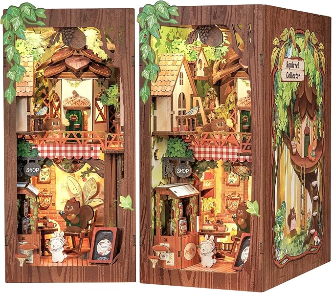 Cutefun Book Nook Kit, DIY Miniature Dollhouse Kit for Teens and Adults, 3D Wooden Puzzle Bookends with LED Light, Bookshelf Insert Decor with Dust Cover, Christmas Birthday Gifts (Squirrel Collector)