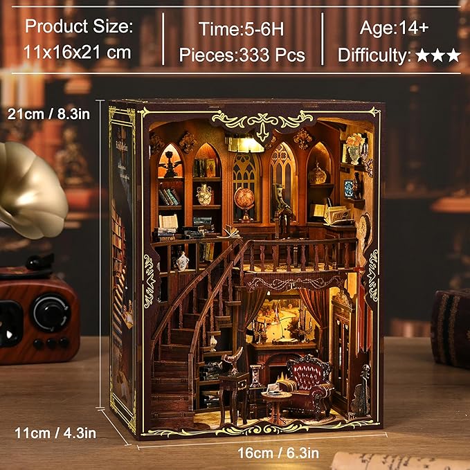 ISSEVE Book Nook Kit - DIY Miniature House Kit Book Nooks for Adults, Dollhouse Booknook Library Tiny House Bookshelf Decor 3D Wooden Puzzle Model Building Craft Kits Gift (Ancient Rhyme Library)