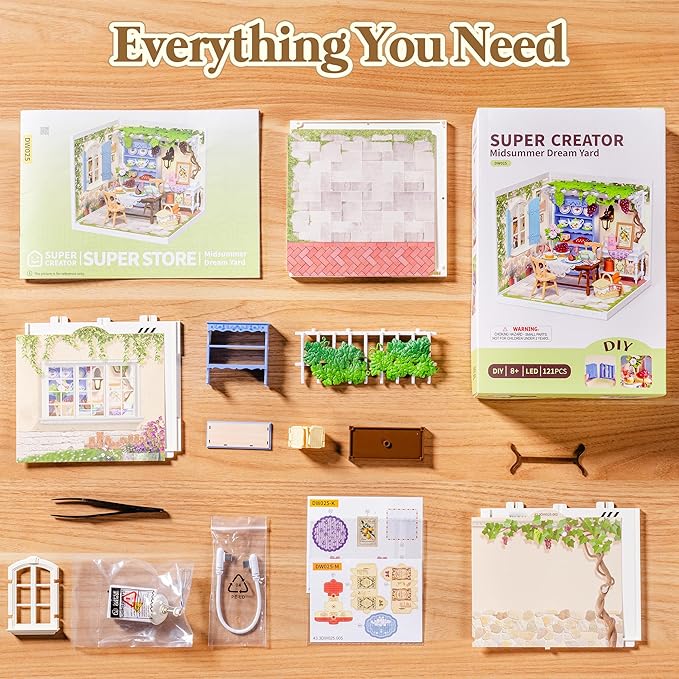 ROBOTIME Super Creator Kits, Miniature House Kit, DIY Plastic House Building Toy Set with LED, Tiny Garden Making Kit Model Craft Hobby Unique Gift (Midsummer Dream Yard)