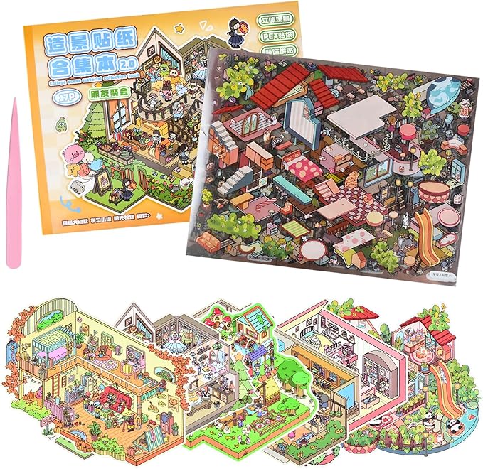 DIY Large Fun 3D Animal House Scene Stickers Book with Tweezers Make Your Own Pasture Villa Room Sticker Scenes Cute Micro Stickers for Relief Stress Pass The Time(6 Designs)