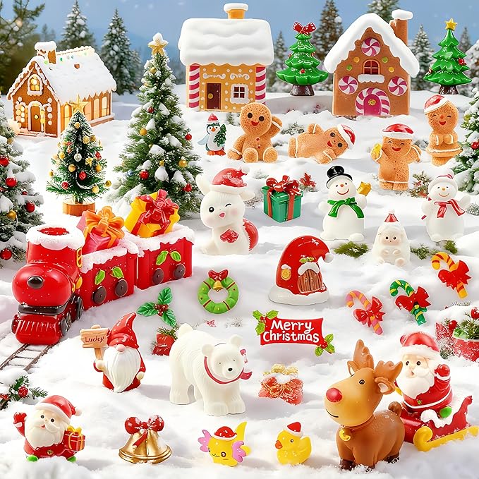 37 Pcs Miniature Christmas Figurines Mini Resin Gingerbread Men Figurines Santa Claus Snowman Reindeer Xmas Miniature Ornaments for Fairy Garden Xmas Snow Globes Village Decor