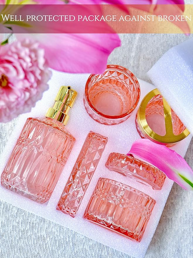 LaMarriti 5pcs Clear Glass Bathroom Accessories Set, Crystal Pink Bathroom Decor Set, Soap Dispenser, Toothbrush Holder Set, Soap Dish, Tumbler, Qtips Holder, Modern Decor for Bathroom, Gift Set