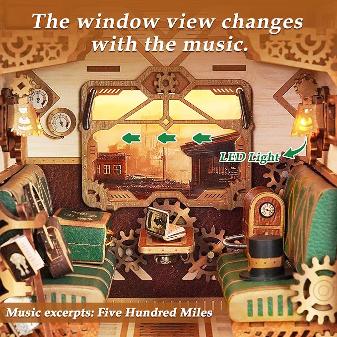 Tonecheer DIY Book Nook Kit for Adults, Miniature Infinity Train Cabin Steam Age Vintage Carriage Model, Wooden 3D Puzzle Dollhouse Booknook Decorative Bookend Gifts (Steam Fantasy)