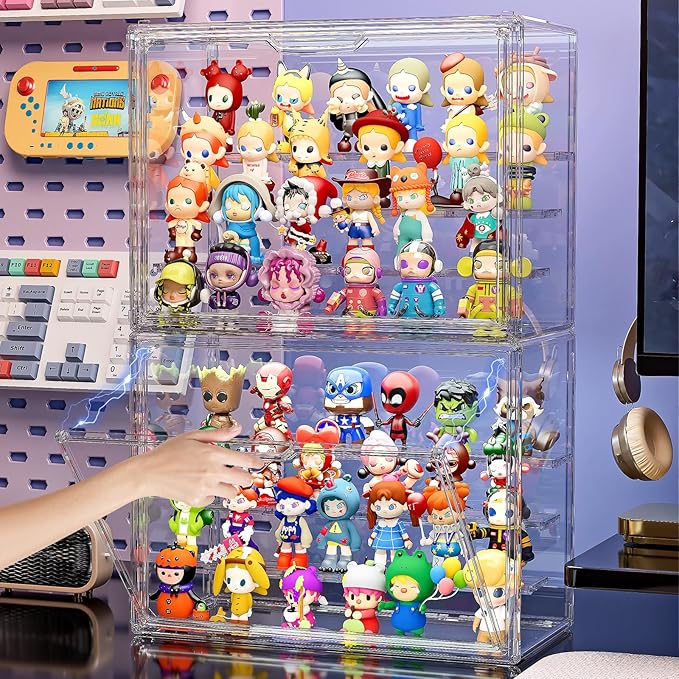 Clear Acrylic Display Case for Collectibles 4 Layer Hobby Figure Display Case Box with Shelves Stackable Figurine Display Shelf for Funko Pop, Pop Mart, Labubu, Model, 3 Pack