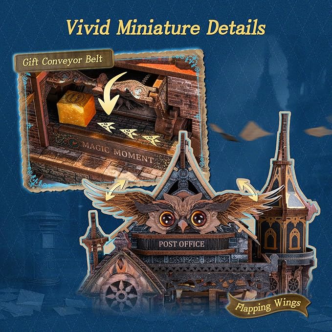LED 3D Wood Puzzle Owl Post Office, Dynamic Model with Mechanical Gears, DIY Miniature Kit with Music and LED Lights, Home Décor Gift for Adults and Teens