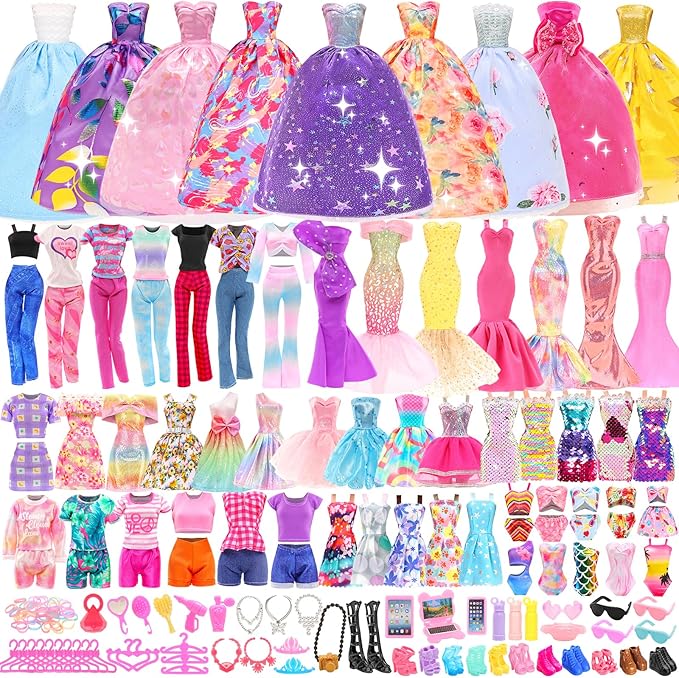 BARWA 70 Pack Doll Clothes and Accessories 5 Wedding Gown Dresses 9 Fashion Dresses Slip Dress 3 Tops 3 Pants 2 Swimsuits Bikini 16 Shoes 15 Hangers and 63 Accessories for 11.5 inch Doll