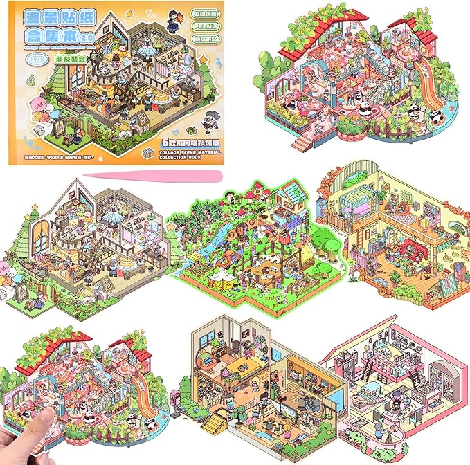 DIY Large Fun 3D Animal House Scene Stickers Book with Tweezers Make Your Own Pasture Villa Room Sticker Scenes Cute Micro Stickers for Relief Stress Pass The Time(6 Designs)