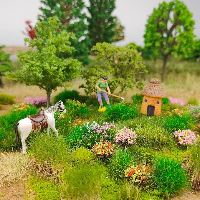 gdeplok 140 Pcs Static Grass Tufts & Miniature Flower Clusters - Artificial Grass Terrain Scenery Kit for Model Train Railway, Military Sand Table, DIY Diorama Landscape (B)