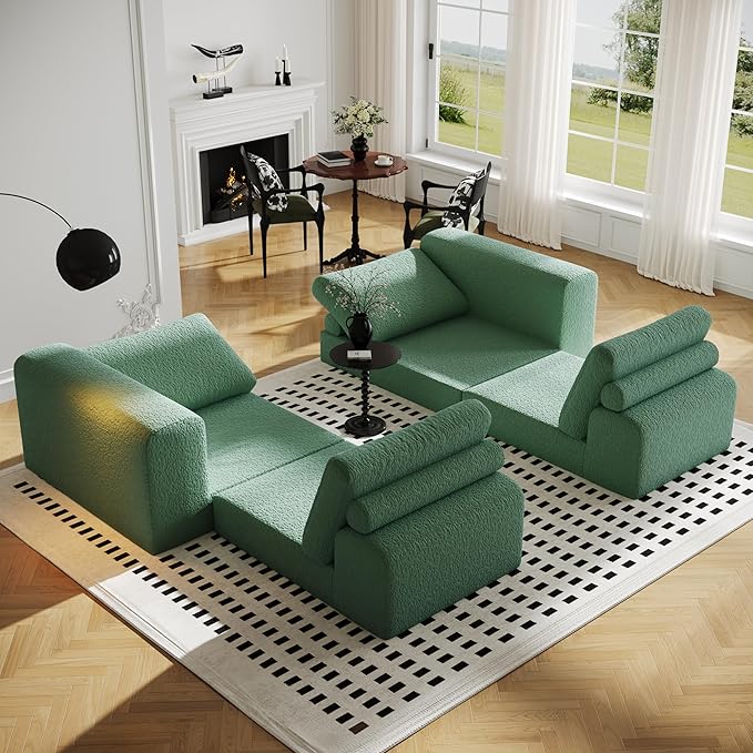 Cloud Modular Sectional Sofa, DIY Combination Modular Couch for Living Room, Unique Knitted Fabric Love Seat Couches with 2 Pillows, 2 Seater Comfy Sectional Couch with No Assembly (Green)