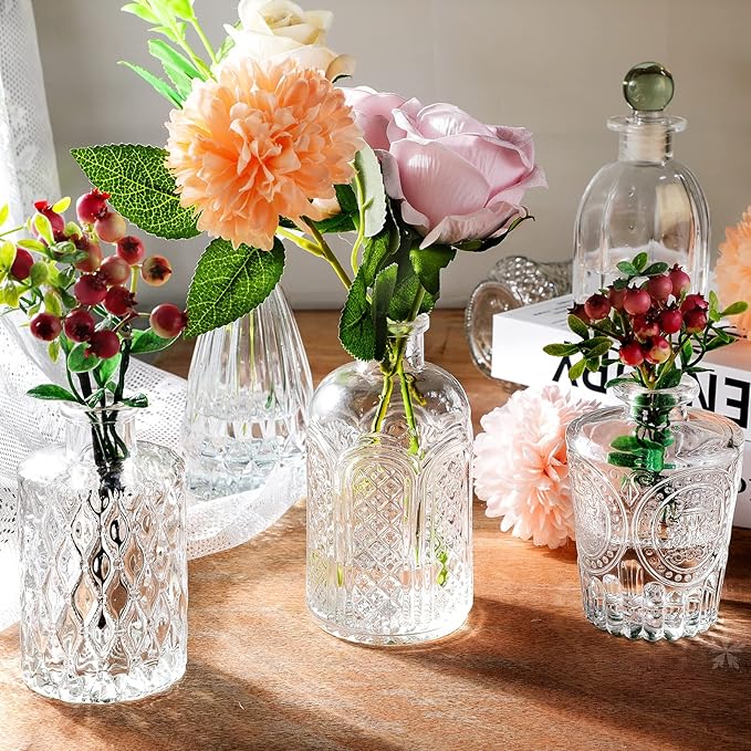 Glass Vase Bud Vases in Bulk Set of 12 Small Vases for Flowers,Embossed Clear Flower Vase,Vintage Glass Bottle Great for Table Decor,Wedding Centerpiece Table and as a Gifts