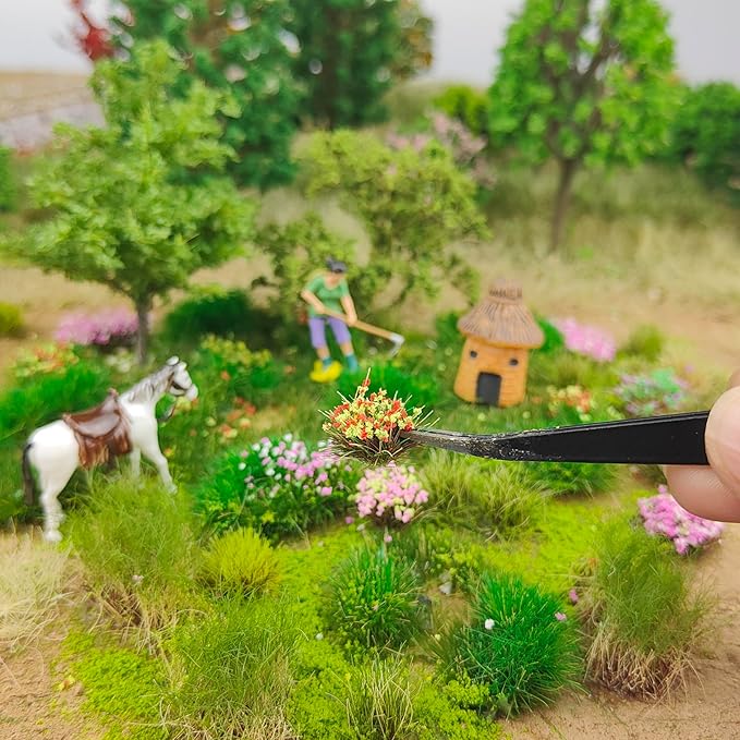 gdeplok 140 Pcs Static Grass Tufts & Miniature Flower Clusters - Artificial Grass Terrain Scenery Kit for Model Train Railway, Military Sand Table, DIY Diorama Landscape (B)