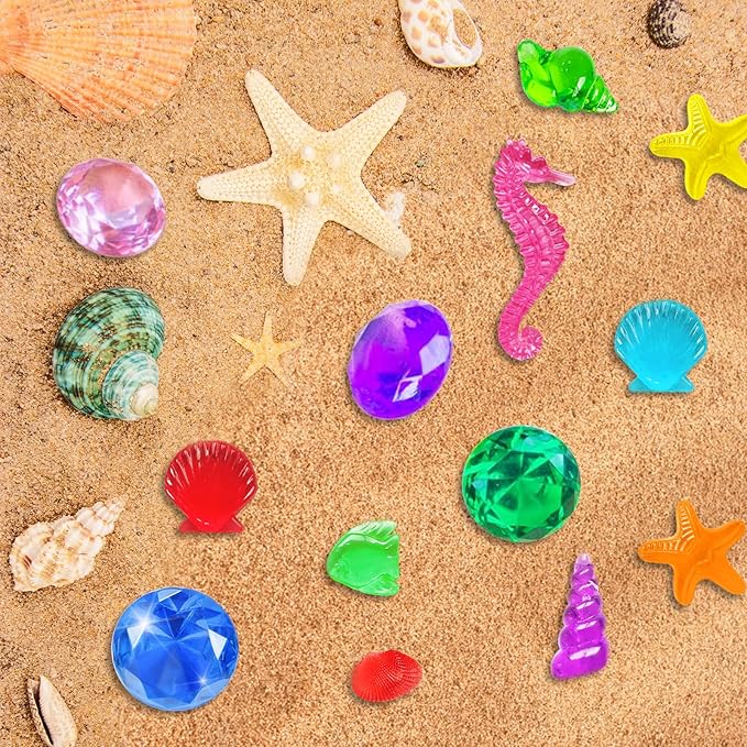 cntjv 60+ Pcs Diving Gems Pool Toys Includes 15 Pcs 1.57in Large Colorful Acrylic Plastic Diamond and 45+ Pcs Fake Seashells for Kids Pirate Treasure Mermaid Hunt Games Swimming Party Favors