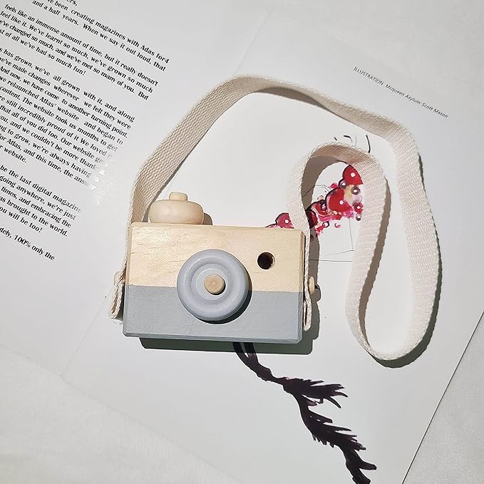 Baby Toy Wooden Mini Camera Toy, Baby Kids Cute Mini Sharpe Toy, Neck Hanging Photographed Props for Baby Toddlers Children Kids' Room Hanging Decor Gift (Gray)