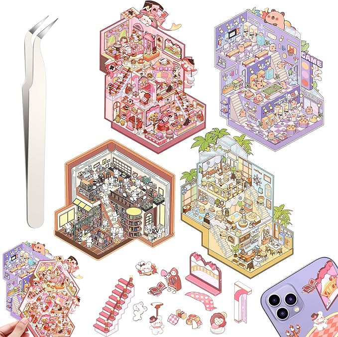 DIY 3D House Stickers, 4 Set Fun DIY Stickers Scene Make Your Own Warm Home, Supermarket, Coffee Shop, Music Bar, Cute 3D Cartoon Scene Sticker for Adult Kids Relief Stress Pass The Time(XMPLUS3.0)