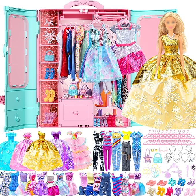 Style Shine 70 Pcs Doll Closet with Clothes & Accessories Set,2 Wedding Gowns 6 Fashion Dresses 2 Casual Outfits 2 Swimsuit 10 Shoes 20 Hanger 27 Accessories,Dress up Toys for Girls Kids Birthday Gift