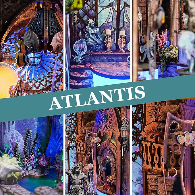 Book Nook Kit - Atlantis DIY Miniature House Dollhouse Kit for Adults and Teens, 3D Wooden Puzzle Bookend Bookshelf Insert Decor with LED Light, Gifts for Family and Friends