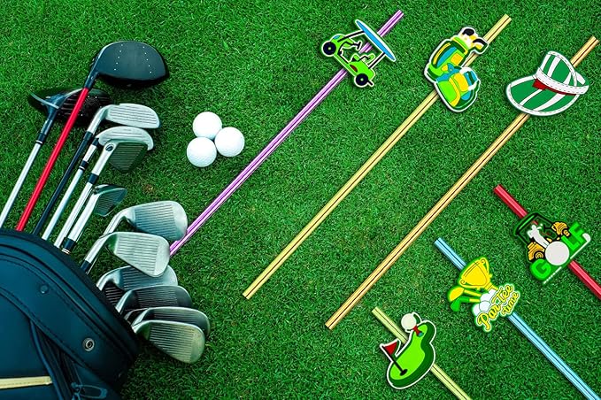MEAXUR 24pcs Golf Themed Straight Reusable Straws for Golf Party Favor Gift Bags,Daily Drinking Straws,Birthday Party,Class Reunions,Sports Golf Party Supplies,With 2 Cleaning Brushes.(6color)