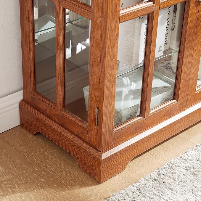 68" H Glass Curio Display Cabinet with Light, 6-Tier Wooden Glass Storage Showcase w/ 4 Doors & Adjustable Shelves, Vintage Accent Cabinet w/Mirrored Back Pane for Home & Office