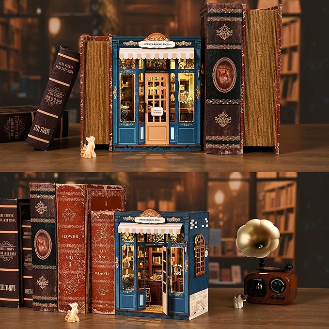 ISSEVE Book Nook Kit - DIY Miniature House Kit Book Nooks for Adults, Dollhouse Booknook Library Tiny House Bookshelf Decor 3D Wooden Puzzle Model Craft Kits Gift (Reading Room Bookstore)