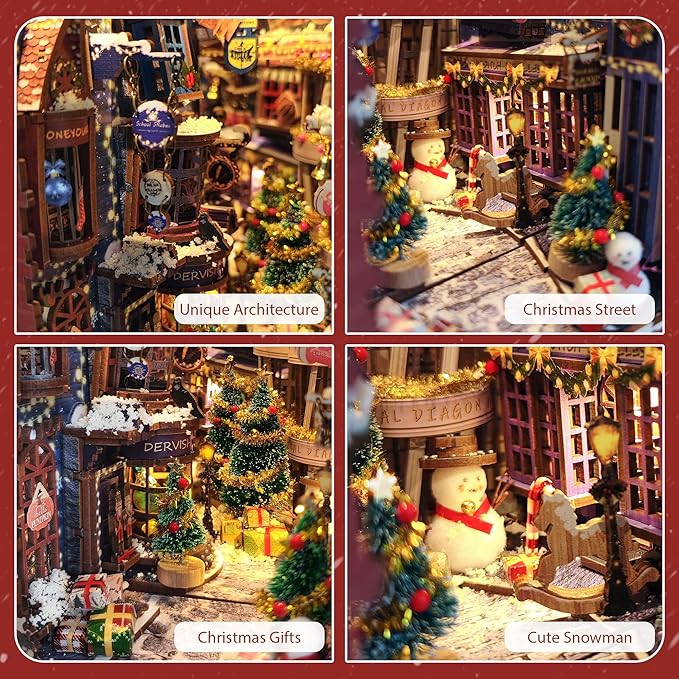 DIY Book Nook kit - Christmas Style Miniature House Kit Bookshelf Insert Decor, 3D Wooden Puzzle with LED Dust Cover, Gift for Adults Teens Birthdays - Christmas Snow Night