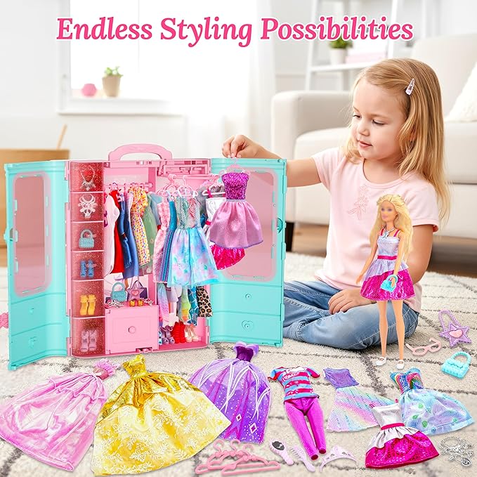Style Shine 70 Pcs Doll Closet with Clothes & Accessories Set,2 Wedding Gowns 6 Fashion Dresses 2 Casual Outfits 2 Swimsuit 10 Shoes 20 Hanger 27 Accessories,Dress up Toys for Girls Kids Birthday Gift