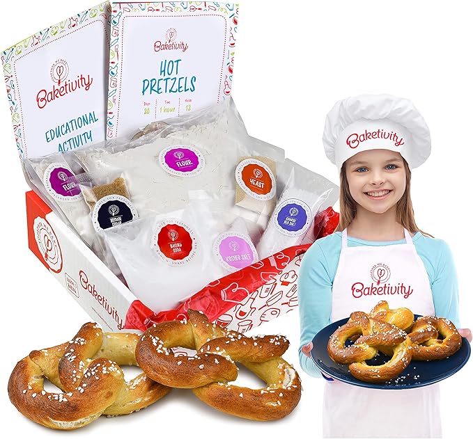 Baketivity Kids Baking Set, Meal Cooking Party Supply Kit for Teens, Real Fun Little Junior Chef Essential Kitchen Lessons, Includes Pre-Measured Ingredients (Kit +Hat & Apron, Pretzel)
