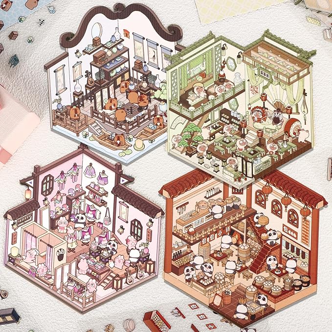 DIY 3D House Stickers, 4 Set Fun DIY Stickers Scene Make Your Own Warm Home, Supermarket, Coffee Shop, Music Bar, Cute 3D Cartoon Scene Stickers for Adult Kids Relief Stress Pass The Time (XM3.0)