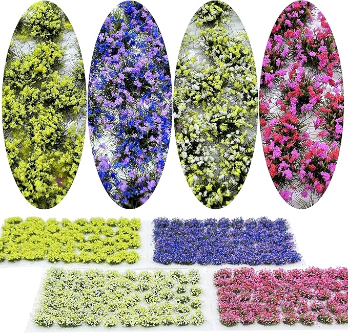 Woohome 4 Pack Miniature Colorful Flower Cluster Self Adhesive Flower Vegetation Groups Static Grass Tufts for Train Landscape Railroad Scenery Sand Military Layout Model