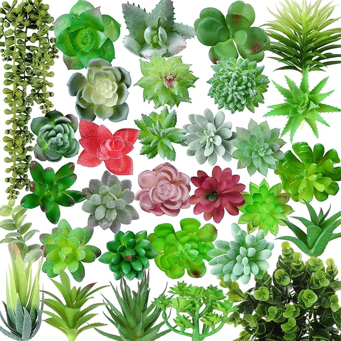 Therwen 32 Pcs Artificial Succulent Plants Mini Fake Succulents Faux Realistic Unpotted Succulents Assortment in Flocked Green for DIY Crafting Home Garden Office Party Decoration