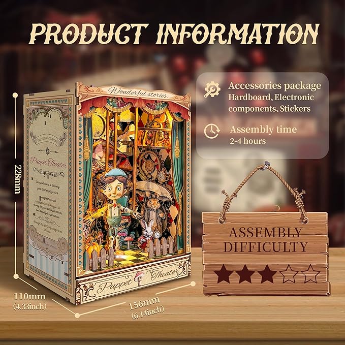 Adult Book Nook Kit, DIY Mini Dollhouse Book Corner Kit with LED Light and Dust Shield, Adult 3D Wooden Bookshelf Puzzle Book Corner Insertion Decorative Crafts - Puppet Theater (SQ-33)