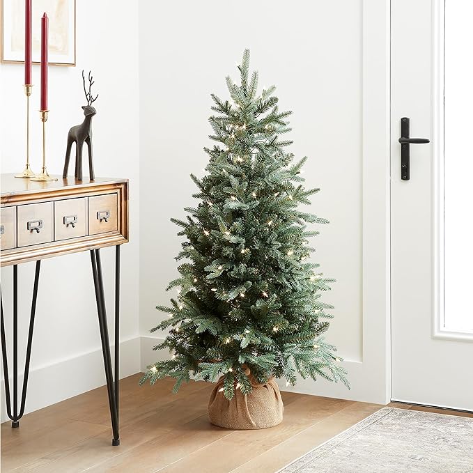National Tree Company 4 ft Pre-Lit Everyday Collection Mini Artificial Christmas Tree, 150 Clear Lights, 643 Tips, Burlap Base, Green