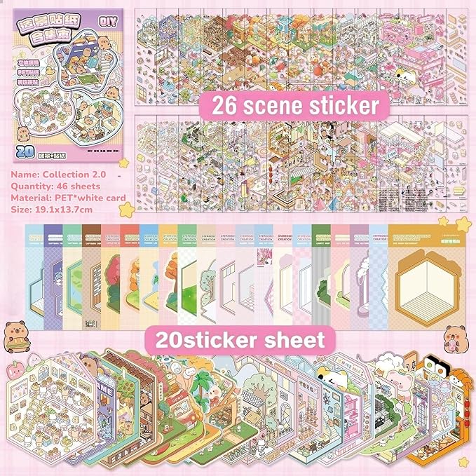 DIY 20 Sets 3D Sticker Scene Book - Stickers for Kids - Reusable Stickers - Improve Children's Imagination and Creativity - Enhance Parent-Child Relationship - Birthday Gift. (White)