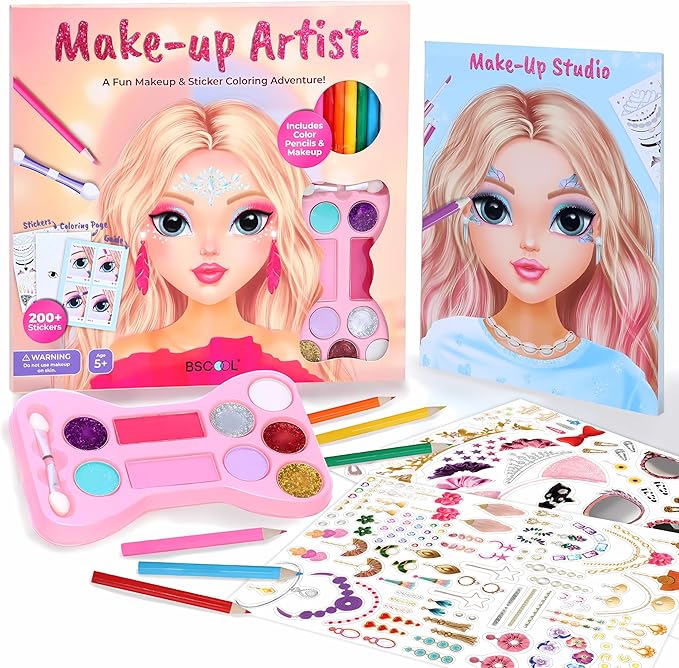 BSCOOL Make-up Artist. 3 in 1 Fun Makeup, Sticker, Coloring Kit, Includes Color Pencils, Makeup Palette, and 200+ Stickers. for Girls Ages 5,6,7,8. Christmas Gift for Girls
