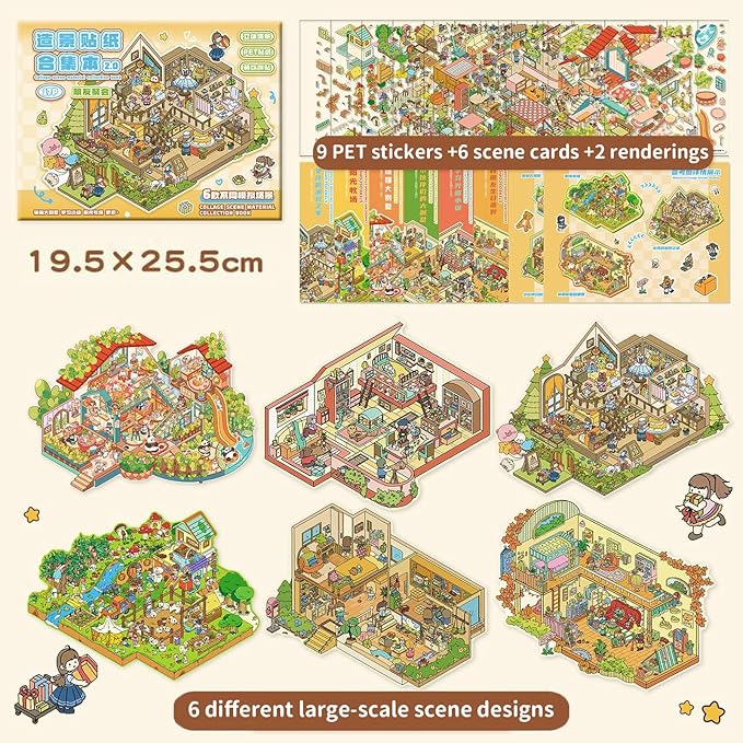 DIY Large Fun 3D Animal House Scene Stickers Book with Tweezers Make Your Own Pasture Villa Room Sticker Scenes Cute Micro Stickers for Relief Stress Pass The Time(6 Designs)