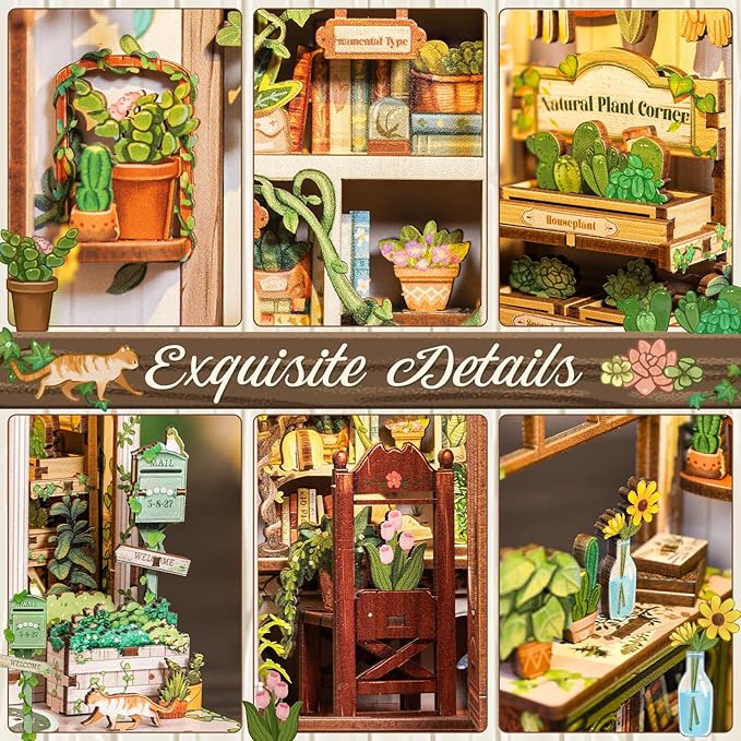 CUTEBEE Book Nook Kit - DIY Miniature House Dollhouse Kit for Adults and Teens, Booknook Tiny House Bookshelf Decor 3D Wooden Puzzle, Gifts for Family Friends (Green Life Bookshop)