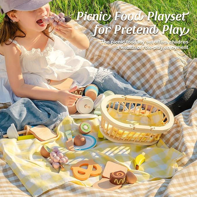 ROBOTIME Wooden Play Food Sets for Kids Kitchen, 14 PCS Toy Food Pretend Play Picnic Basket with Fruits, Desserts, Drinks & Utensils, Play Kitchen Food for Indoor & Outdoor Camping Fun, Ages 3+