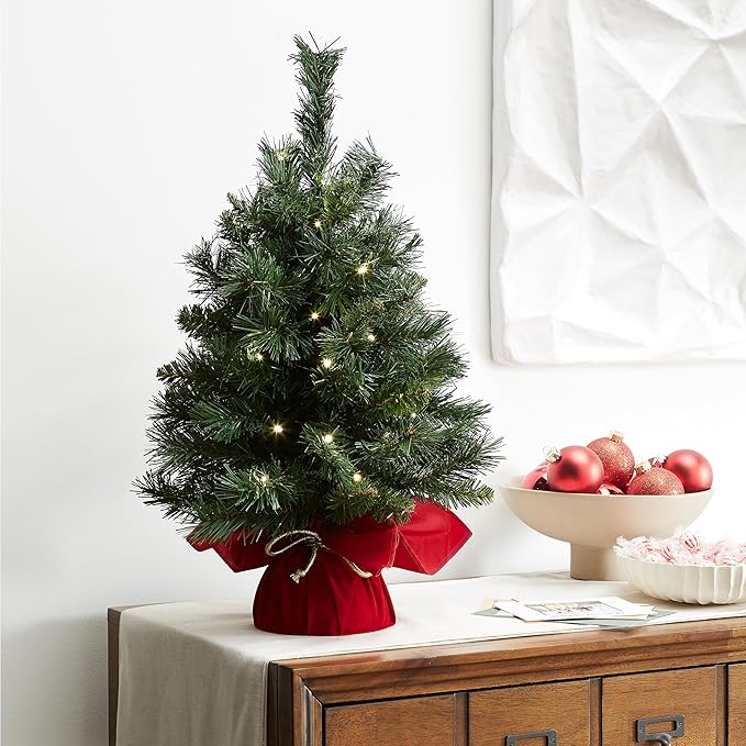 National Tree Company 24 in Pre-Lit Majestic Fir Mini Artificial Christmas Tree, 35 Warm White LED Lights, 71 Tips, Red Cloth Base, Timer, Green