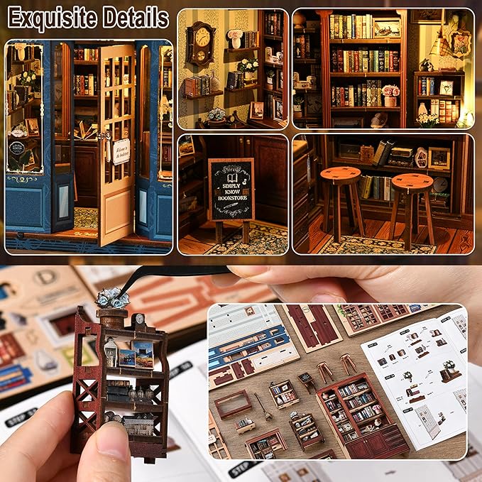 ISSEVE Book Nook Kit - DIY Miniature House Kit Book Nooks for Adults, Dollhouse Booknook Library Tiny House Bookshelf Decor 3D Wooden Puzzle Model Craft Kits Gift (Reading Room Bookstore)