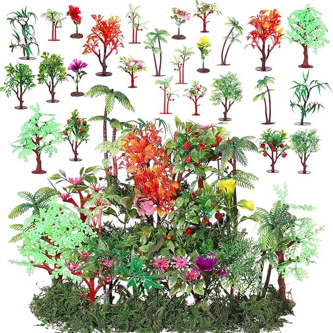 Tigeen 28 Pcs Model Trees Mixed Model with 1.4 Ounce Faux Green Moss Decor Tree Train Scenery Architecture for DIY Crafts, Building, Scenery Landscape(Mixed Trees)