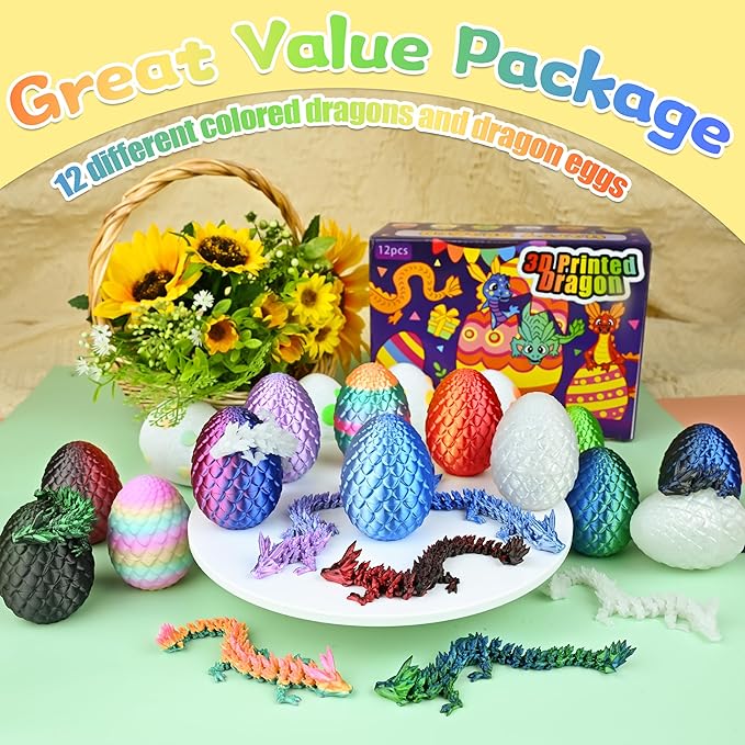 12PCS 3D Printed Dragon Eggs, Christmas Stocking Stuffers for Kids Boys, Dragon Toy for Boys Teens Articulated Crystal Dragon Gifts for Teens Boy 4-6 5-7 8-12