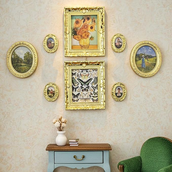 6PCS Mini Framed Art Dollhouse Wall Art Set – 1:12 Scale Miniature Framed Picture Painting, Vintage Golden Antique Gold Frames Oil Photo for Gallery Home Decor Accessory, Tiny Van Gogh Monet Artwork