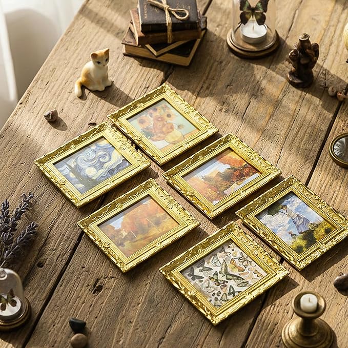 6PCS Mini Framed Art Dollhouse Wall Art Set – 1:12 Scale Miniature Framed Picture Painting, Vintage Golden Antique Gold Frames Oil Photo for Gallery Home Decor Accessory, Tiny Van Gogh Monet Artwork