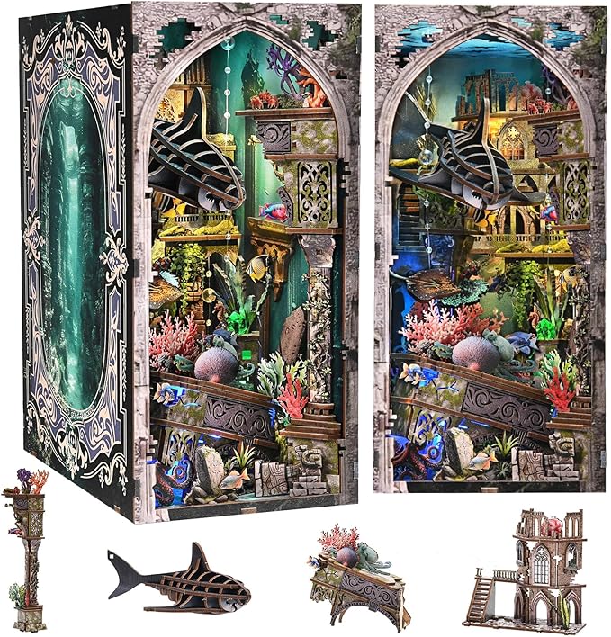 Book Nook Kit - DIY Miniature Dollhouse for Adults and Teens, Creative Bookshelf Decor 3D Wooden Puzzle Bookend with LED Light, Unique Gift for Family and Friends (Lost City of Atlantis)