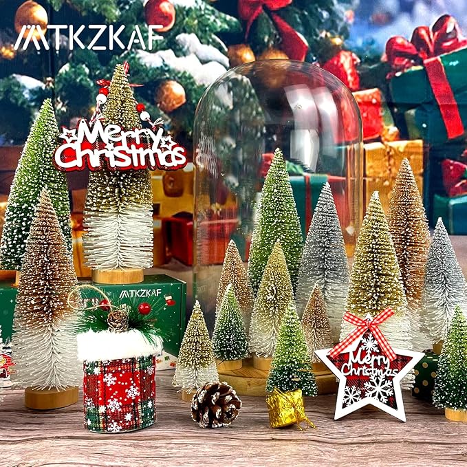 MTKZKAF Mini Christmas Trees Bottle Brush Christmas Trees for Christmas Decorations Multicolor Table Top Gradient Christmas Tree with Wooden Base (Gold+White)