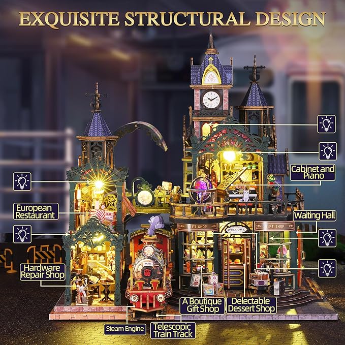 CRIOLPO DIY Miniature Dollhouse Kit: Dollhouse Kit for Adults Teens - 3D Wooden Puzzles mini House Building Kit with LED Light - Gifts for Family Friends (Rail-tracksecluded City)