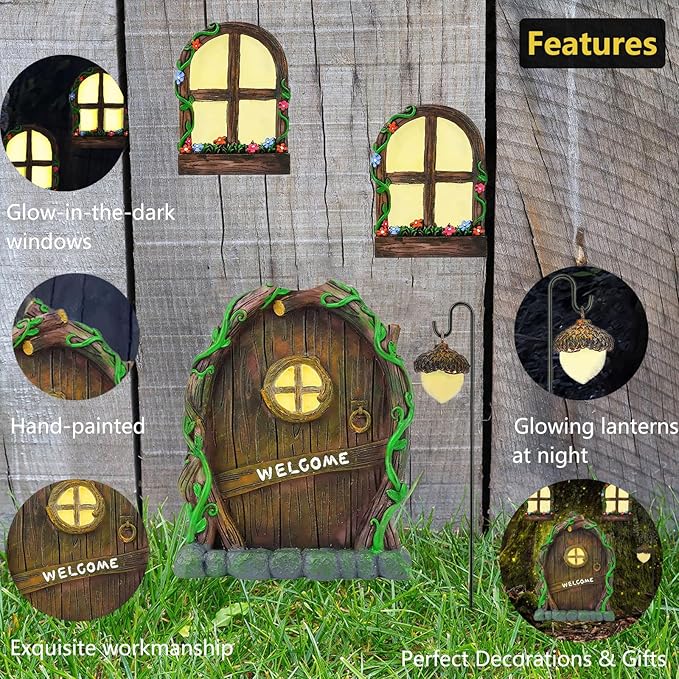 Jauay Miniature Fairy Garden Accessories: Glow in The Dark Fairy Door and Windows for Trees, Green Resin Garden Ornament with Lantern