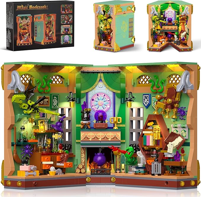 Book Nook Building Kit with LED Lights, 1033 PCS Magic Academy Booknook 3D Miniature House Model for Bookshelf Bookend Home Decor, Christmas for Adults Kids Age 8+